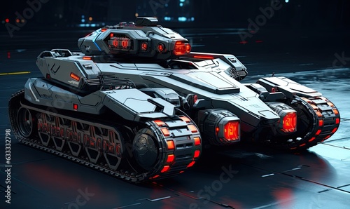 A futuristic tank with red lights