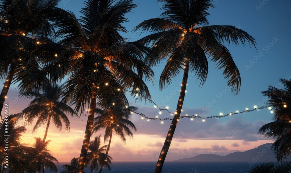 Photo of a palm tree adorned with festive lights