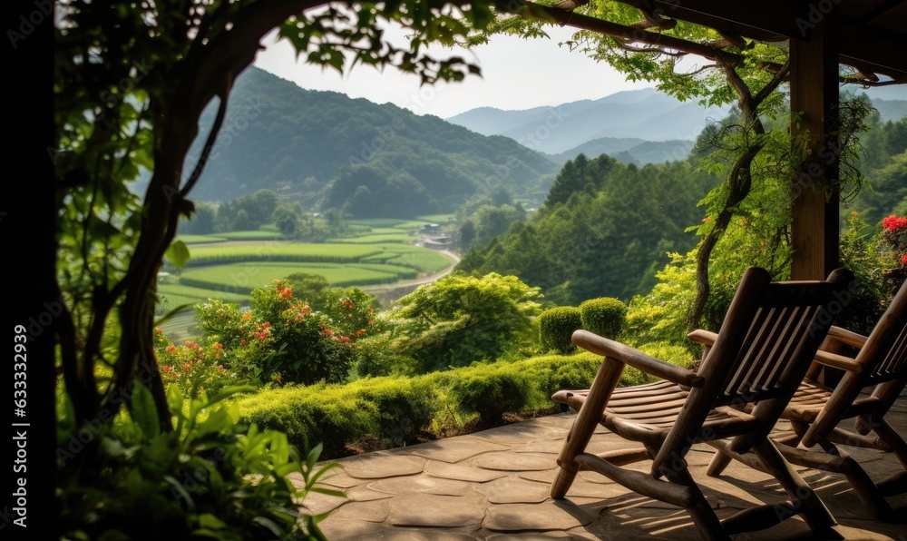 Two wooden rocking chairs overlooking a picturesque green hillside