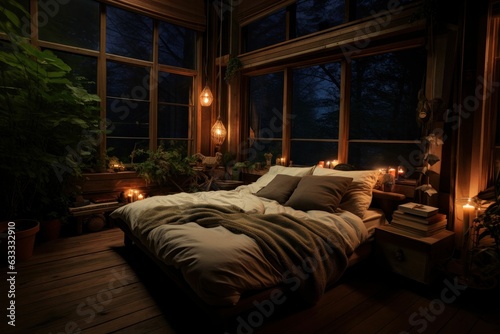 bedroom interior with Rustic interior design. Night light. Generative AI