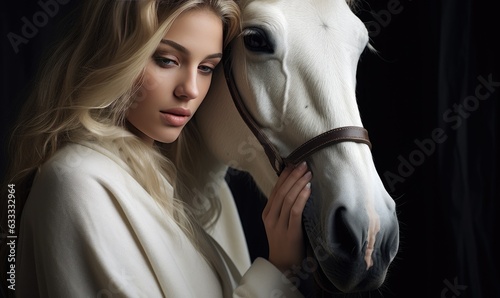 A blonde woman with a white horse in a serene moment of connection
