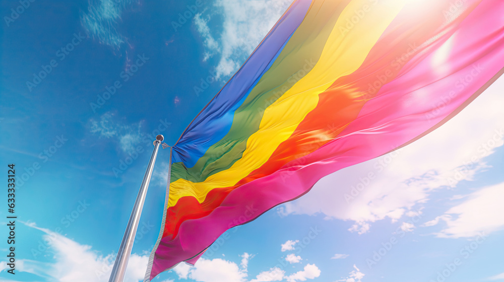 Rainbow gay flag on blue sky background. Rainbow gay flag. Generative Ai