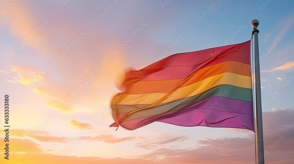 Rainbow gay flag on sky at sunset. Rainbow gay flag. Generative Ai Rainbow gay flag on sky at sunset. Rainbow gay flag. Generative Ai