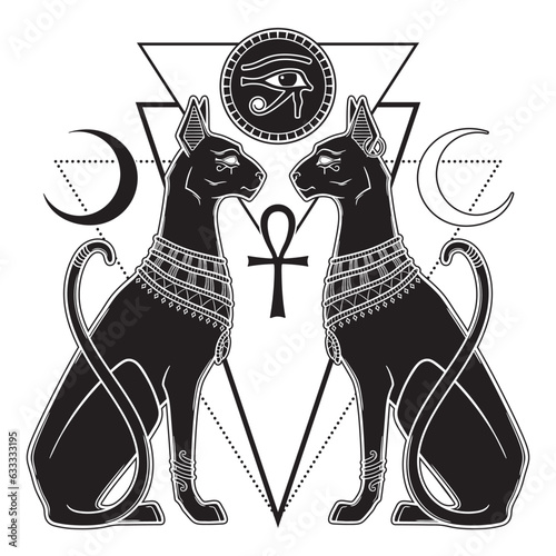 Bastet or Bast ancient Egyptian goddess sphynx cat in gothic style hand drawn vector illustration