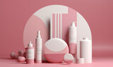 beauty pink background treatment care cosmetic product bottle layout pastel package. Generative AI.