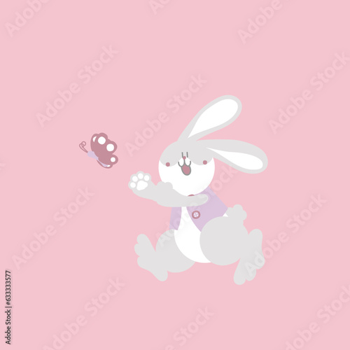 happy easter festival with animal pet bunny rabbit and butterfly, pastel color, flat vector illustration cartoon character