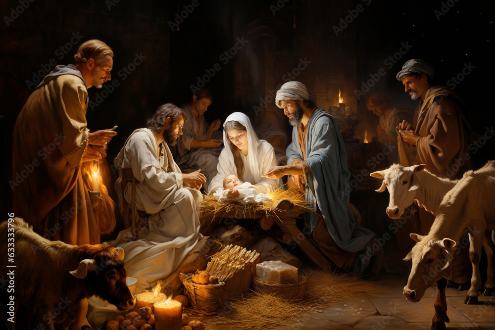 Φωτογραφία Birth of Jesus Christ in Bethlehem, Mary and Joseph sitting next to the manger ,