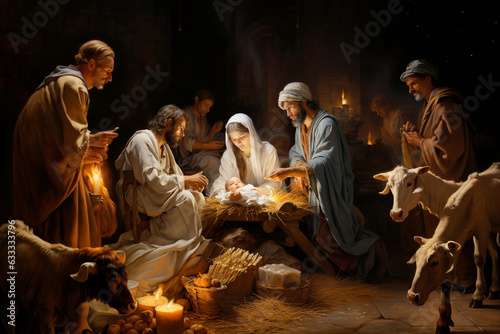 Fototapeta Birth of Jesus Christ in Bethlehem, Mary and Joseph sitting next to the manger ,