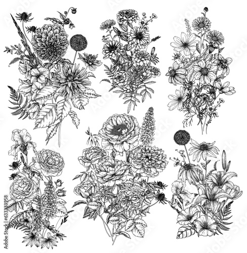 Vector set of 6 garden bouquets of autumn and summer flowers. Rose, lily, lupine, tulip, peony, irises, dahlia, cosmos, zinnia, marigold, calendula, rudbeckia, gladiolus, datura, eryngium, allium