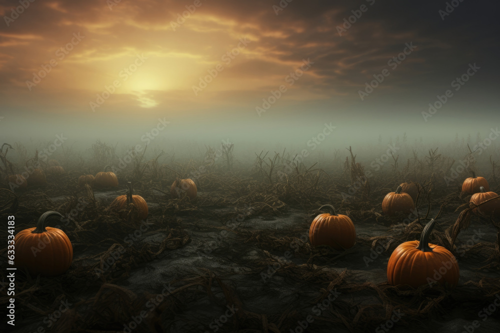 Φωτογραφία Pumpkin Patch Peering Out of the Mist A misty field of glowinthedark pumpkins staring out from the fog
