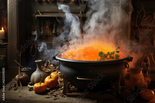 Orange and black smoke emanating from a large boiling witches cauldron in a witchs hut Fototapet