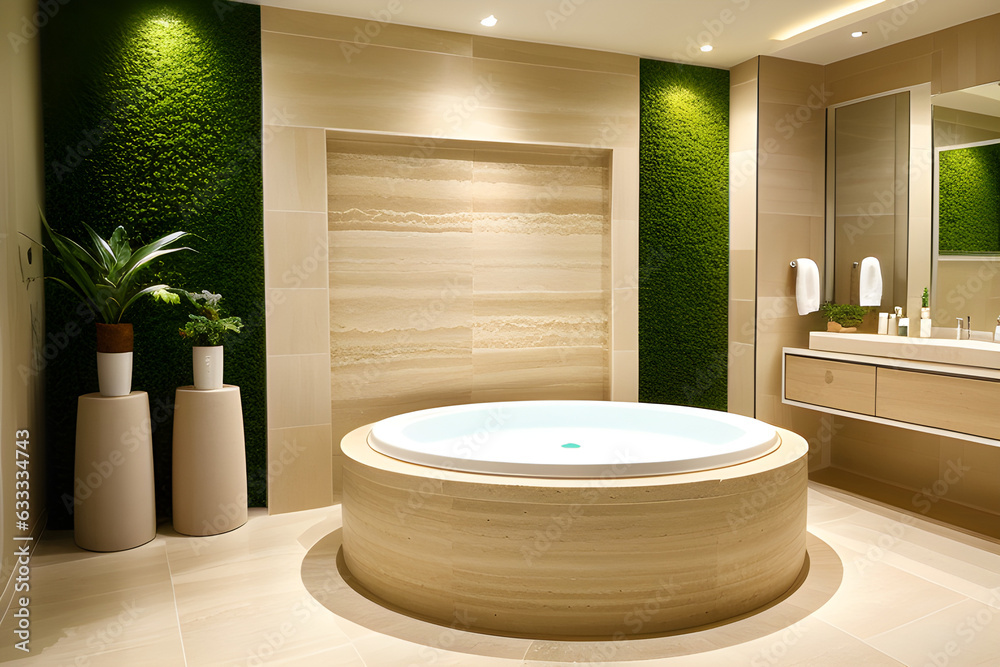 Travertine empty round podium on blurred sustainable bathroom interior background with plants and towels. Scene stage showcase for beauty and spa products, cosmetics, promotion sale or advertising Travertine empty round podium on blurred sustainable bathroom interior background with plants and towels. Scene stage showcase for beauty and spa products, cosmetics, promotion sale or advertising