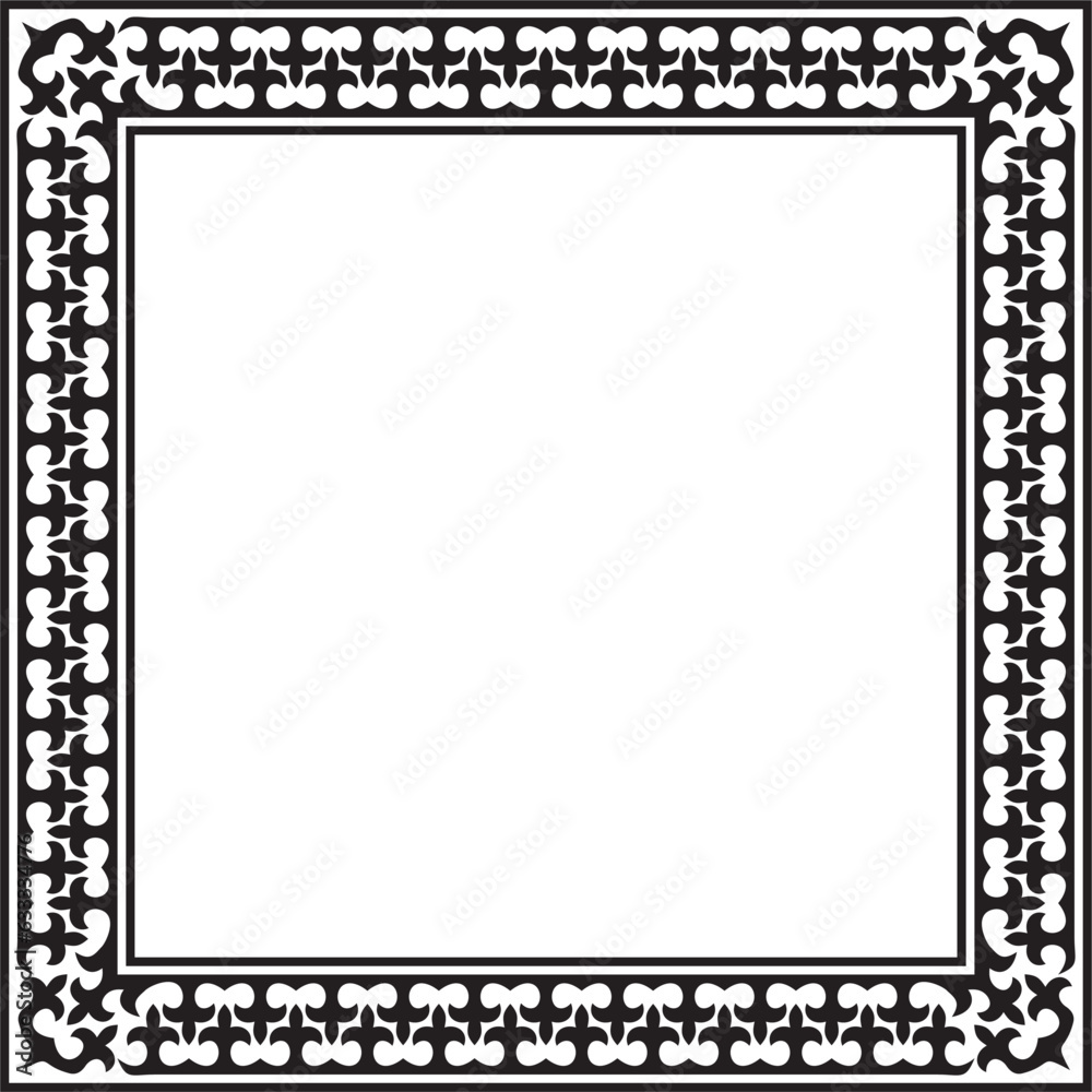 Vector black monochrome square Kazakh national ornament. Ethnic pattern of the peoples of the Great Steppe, .Mongols, Kyrgyz, Kalmyks, Buryats. Square frame border.