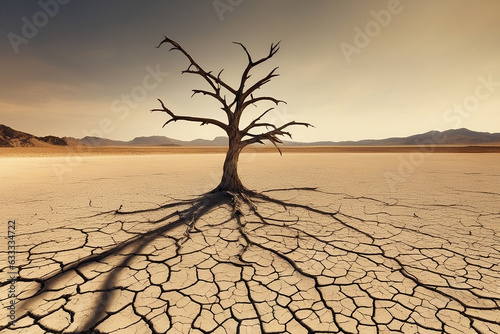 Dessert tree on a dry cracked lake bed under a sunny sky | climate change
