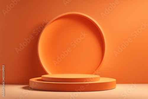 3D rendering of display orange color podium for branding and product presentation on pedestal display orange background. © Viewvie