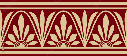 Vector gold and red seamless classical Greek meander ornament. Pattern of ancient Greece. Border, frame of the Roman Empire..