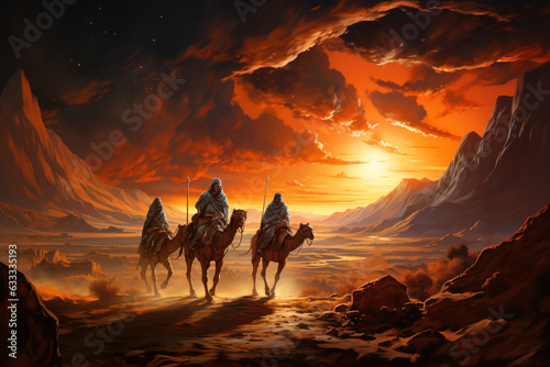 Birth of Jesus Christ in Bethlehem  three kings riding on camels through the desert night   religion and faith of christianity  bibical story of Christmas  generative AI 