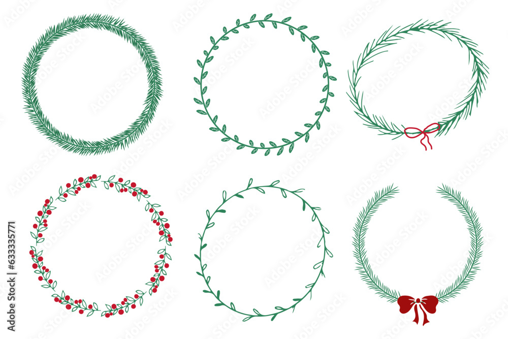 Christnas greenery garland, circle frame with bow, berries,leaves in doodle style isolated on white background. Simple hand drawn winter decoration