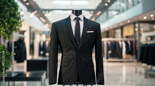 Luxurybusiness black men's suit on a mannequin in a minimalist style, with a luxury mall background Generative AI photo