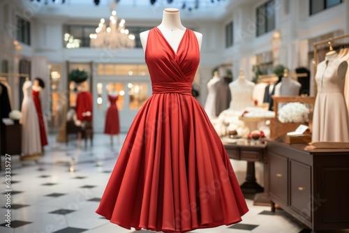 classic evening dress in red colors on a mannequin in a minimalist style, like a studio photo with a mall background Generative AI