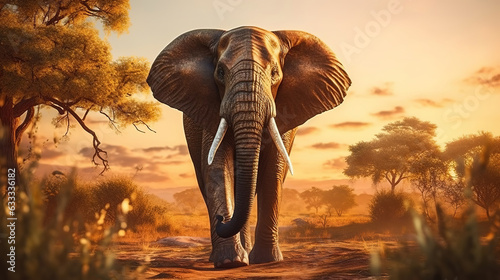 Elephant on the savanna under the morning sun. Generative AI