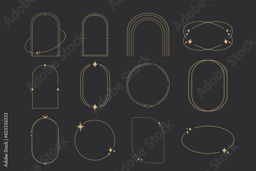 Set golden celestial frames, borders, arch line art esoteric minimal decoration with sparkles isolated on dark background.