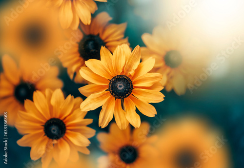 Close up of multiple yellow rudbeckia flowers. Teal blue contrasting background with soft focus, blurred elements and bokeh bubbles. Bright colorful subject against dark and moody background