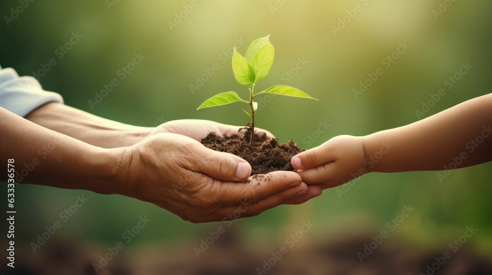 Close up of senior hands giving small plant to a child over defocused green background with copy space. Generative AI Close up of senior hands giving small plant to a child over defocused green background with copy space. Generative AI