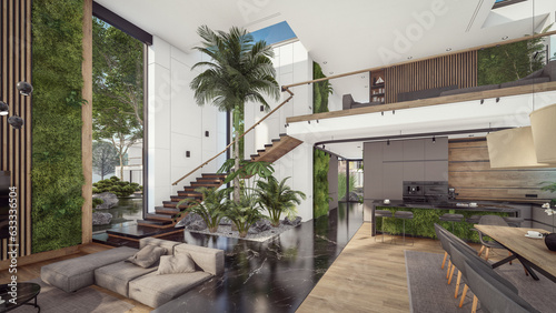 Fototapeta Naklejka Na Ścianę i Meble -  3d rendering of expensive cozy interior with green walls with living dining zone stair and kitchen for sale or rent. Spacious apartments with expensive furniture, equipment and flowers