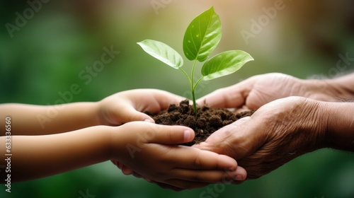 Close up of senior hands giving small plant to a child over defocused green background with copy space. Generative AI