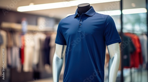 Dark blue polo shirt worn on a mannequin in a minimalist style, with a clothing store background. Generative AI