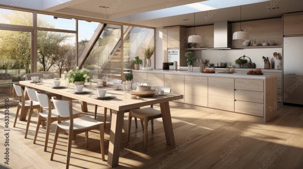 elegant contemporary kitchen room interior in bright colors. natural bright lighting. Generative AI
