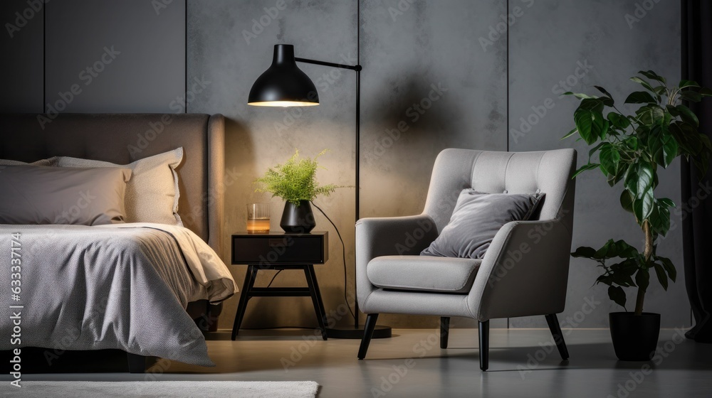 Grey armchair and stool near bed with headboard in bedroom interior with black lamp. Generative AI Grey armchair and stool near bed with headboard in bedroom interior with black lamp. Generative AI