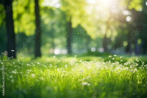 Defocused green trees in forest or park with wild grass and sun beams. Beautiful summer spring natural background  © Thomas Holmes