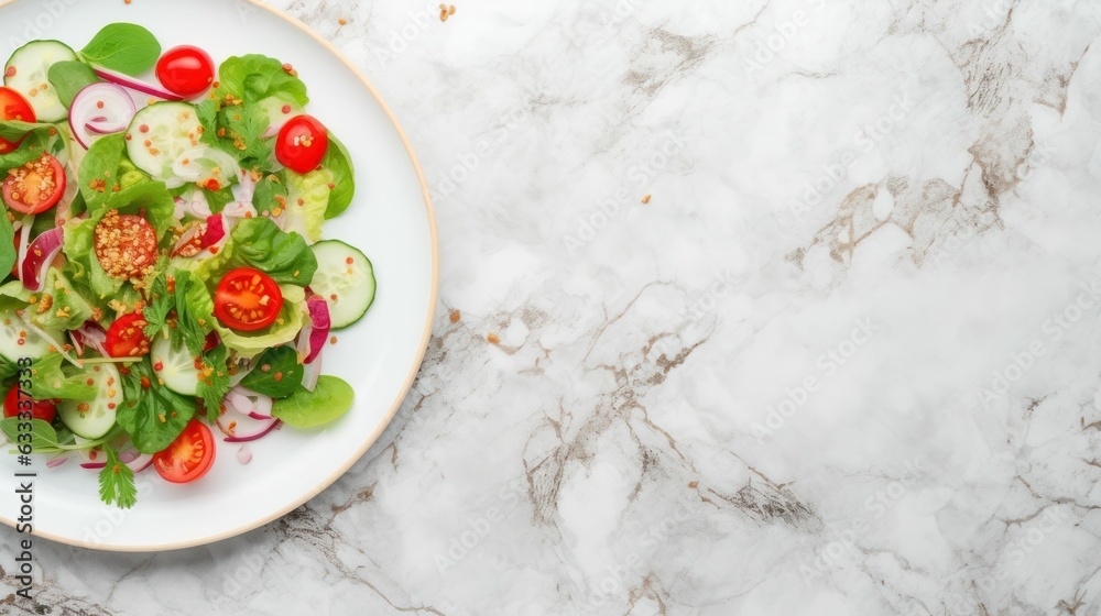 Healthy vegetable salad of fresh tomato, cucumber, onion, spinach, lettuce and sesame on plate. Generative AI Healthy vegetable salad of fresh tomato, cucumber, onion, spinach, lettuce and sesame on plate. Generative AI