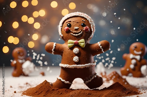 Adorable gingerbread man dancing in cocoa powder.