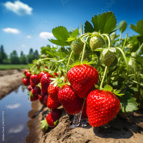 Reife rote Erdbeeren und nachwachsende grüne Erdbeeren am Erdbeerstrauch auf der Erdbeerplantage