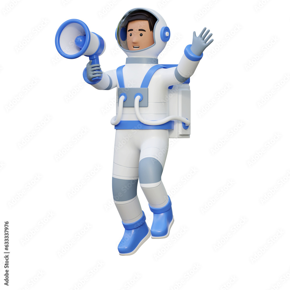 astronaut flying in space and holding megaphone 3d cartoon illustration astronaut flying in space and holding megaphone 3d cartoon illustration