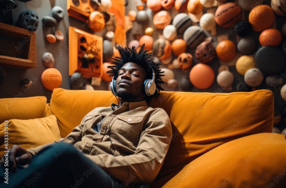 Black Youth Listening with Headphones in Modern Yellow Interior