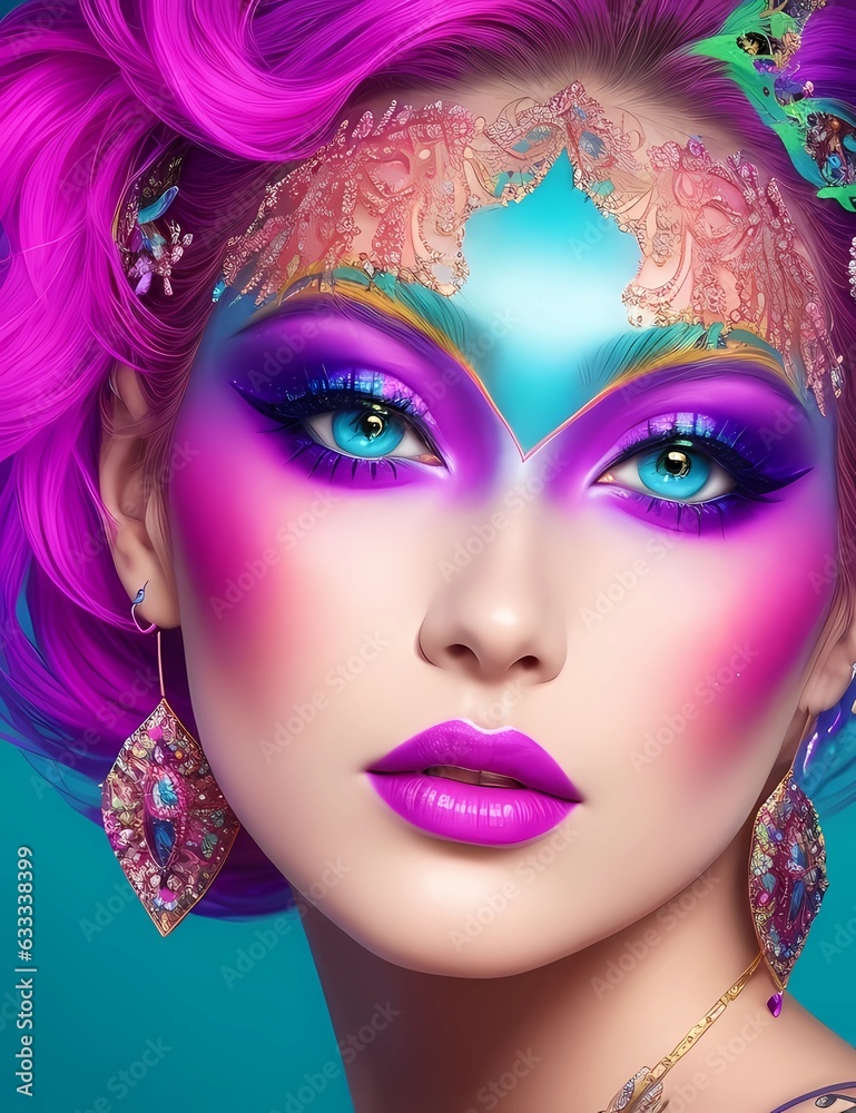 Face of a woman with fantasy makeup artistry. Bold makeup, modern art portrait, including neon colors. Advertising design for cosmetics and beauty salons