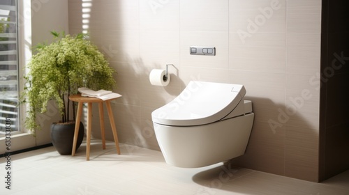 Modern, luxury wall hung toilet bowl, closed seat with dual flush, reeded glass partition, bidet, tissue paper holder, white bathtub on granite tile floor in sunlight on beige wall back. Generative AI