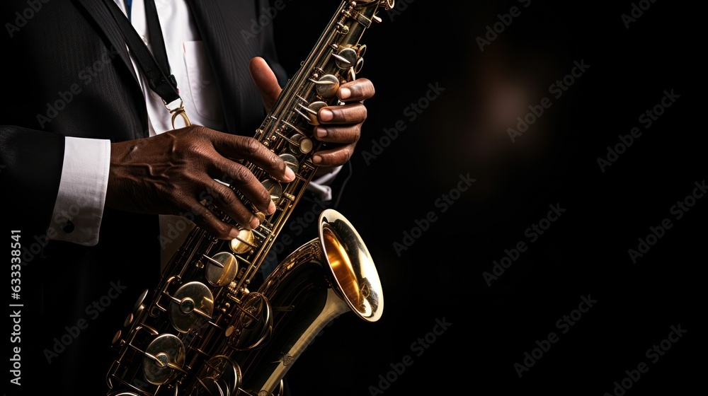Obraz premium Jazz man hands holding saxophone closeup. Generative AI