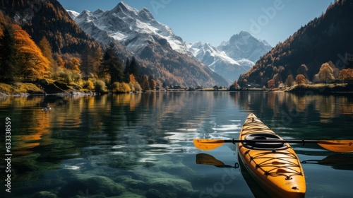 Kayak on a lake with mountains in the Alps. Generative AI