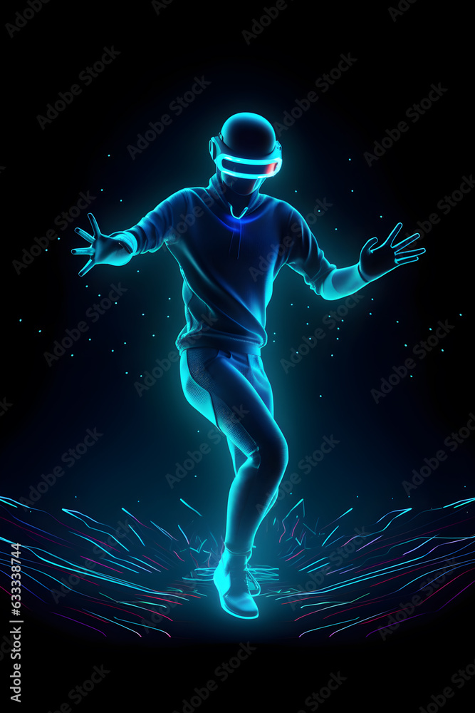 dancing gamer man wearing virtual glasses on blue neon background ,generative ai