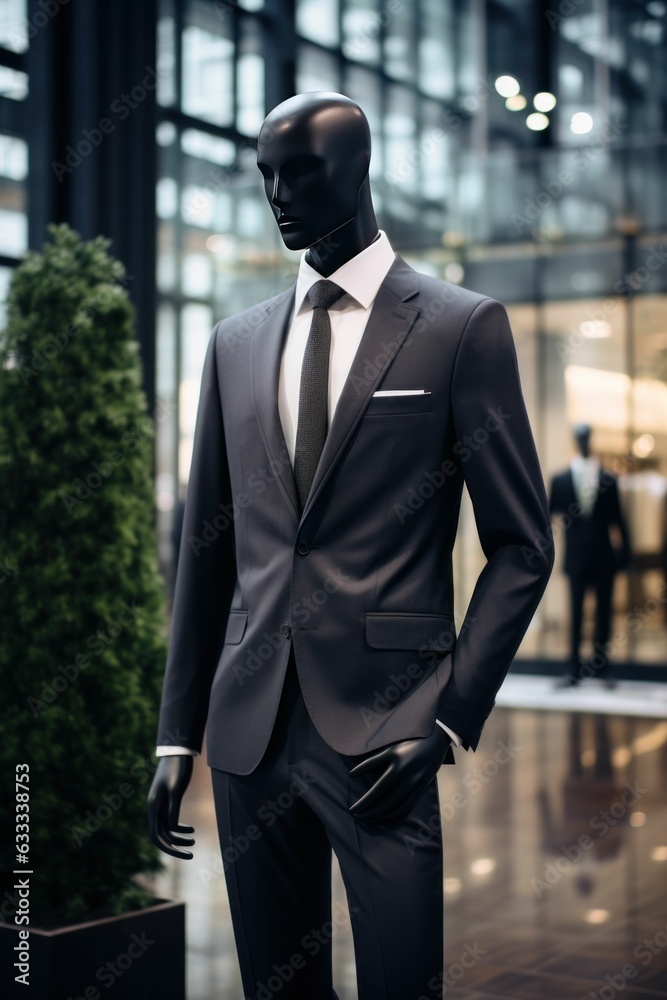 Luxury business black men's suit on a mannequin in a minimalist style, like a studio photo with a luxury mall background. Generative AI