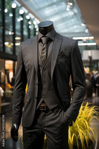 Luxury black men's suit on a mannequin in a minimalist style, like a studio photo with a luxury mall background. Generative AI © Sandris_ua