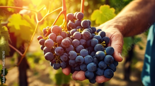 Man hands harvesting black grapes in the vineyard. Generative AI