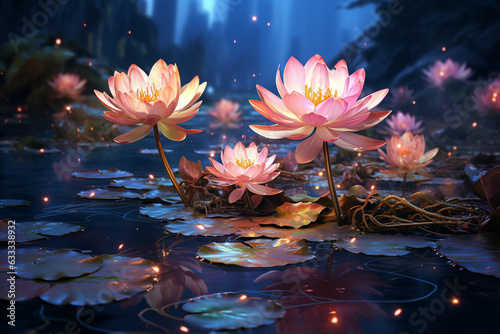 Mystic lotus graces tranquil pond  ethereal beauty amidst calming waters  Generative AI