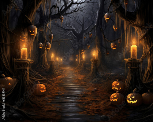 Creepy Candlelit Path with Witchs Pumpkinthemed Streamers. Halloween art photo