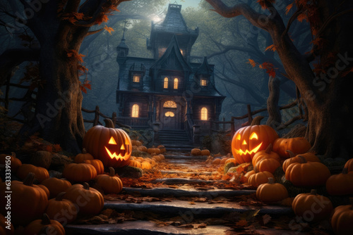 Retreat Into the Woods A cozy haunted house tucked away beneath pumpkin trees.. Halloween art